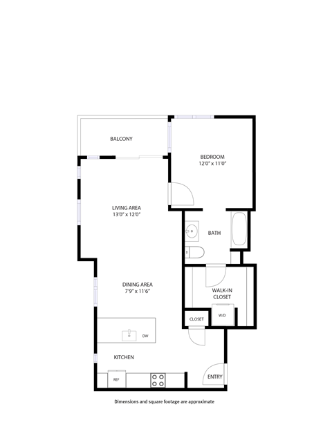 A floor plan of a home with a balcony, living area, dining area, kitchen, and bathroom.